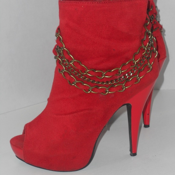 TRENDS RED FAUX SUEDE PEEP TOE ANKLE BOOTS - Picture 5 of 5